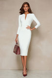 Ivory Bodycon midi-arbetsklänning med rundhalsad hals och 3/4-ärmar