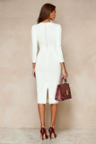 Ivory Bodycon midi-arbetsklänning med rundhalsad hals och 3/4-ärmar