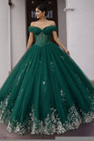 Off-the-shoulder mörkgrön balklänning med korsettapplikation i quinceañera-klänning