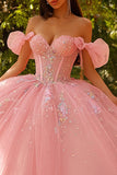 Glittrande off-the-shoulder rosa balklänning Quinceañera-klänning