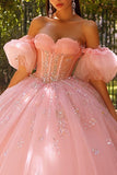 Glittrande rosa axelav-axel-balklänning korsett Quinceañera-klänning