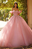 Glittrande rosa off-the-shoulder korsett, balklänning och quinceañera-klänning