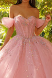 Glittrande rosa off-the-shoulder korsett, balklänning och quinceañera-klänning