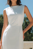 Vit Bodycon Satin Bateau Neck Midi förlovningsklänning