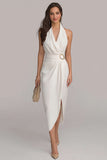 Halter Chiffon Sheath Rynkad Liten Vit Klänning