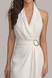 Halter Chiffon Sheath Rynkad Liten Vit Klänning