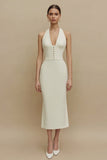 Halter Ivory Sheath Satin Midi förlovningsklänning