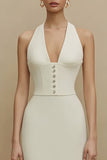 Halter Ivory Sheath Satin Midi förlovningsklänning
