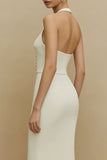 Halter Ivory Sheath Satin Midi förlovningsklänning