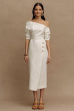 Off-shoulder elfenbensslida satin midi-förlovningsklänning