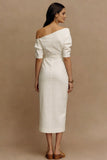 Off-shoulder elfenbensslida satin midi-förlovningsklänning