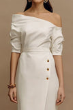 Off-shoulder elfenbensslida satin midi-förlovningsklänning
