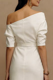 Off-shoulder elfenbensslida satin midi-förlovningsklänning