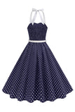 Halter, polkaprickar ljusblå A-linje 1950-talsklänning