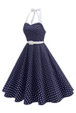 Halter, polkaprickar ljusblå A-linje 1950-talsklänning