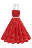 Halter, polkaprickar ljusblå A-linje 1950-talsklänning
