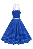 Halter, polkaprickar ljusblå A-linje 1950-talsklänning