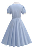 Notched lapel Blue A Line Enkelknäppt 1950-talsklänning