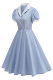 Notched lapel Blue A Line Enkelknäppt 1950-talsklänning