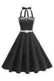 Prickiga halter svart A-linje 1950-talsklänning med rosett