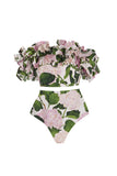 Off The Shoulder tredelade gröna rosa blommiga volangbadkläder med överdrag