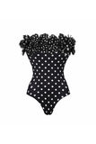 Black White Dots tvådelad axelbandslös volangbikini med täckkjol