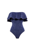 Marinblå tvådelad baddräkt med off-shoulder med överdrag