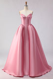 Blush Pink A-linje Sweetheart satin lång balklänning med strukturerad livstycke och full kjol
