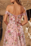 Rosa blommig A-linje med off-shoulder paljettklänning med lång balklänning med slits