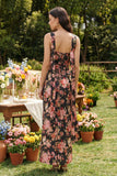 Black Pink Flower Sheath axelbandslös satin midi-klänning