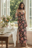 Black Pink Flower Sheath axelbandslös satin midi-klänning