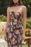 Black Pink Flower Sheath axelbandslös satin midi-klänning