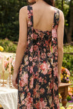 Black Pink Flower Sheath axelbandslös satin midi-klänning