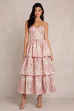 Rougeblomma Jacquard Layer A-linje korsett axelbandslös satin midi-klänning