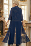 Marinblå 3-delade broderade Mother of the Bride-byxdräkter
