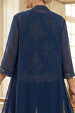 Marinblå 3-delade broderade Mother of the Bride-byxdräkter