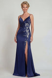 Navy satin Spaghettiband applikerad brudmors klänning med slits