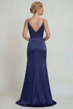 Navy satin Spaghettiband applikerad brudmors klänning med slits