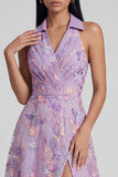 Lila blom-applikation V-ringning A-linje ärmlös midiklänning med slits