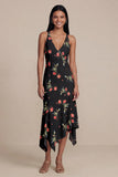 Svart A-linje Chiffon V-ringad midi-blommig klänning med Ciffon