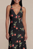 Svart A-linje Chiffon V-ringad midi-blommig klänning med Ciffon