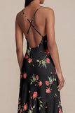 Svart A-linje Chiffon V-ringad midi-blommig klänning med Ciffon