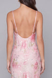 Glittrande rosa bodycon spaghettiband, paljettmönstrad blommig midiklänning