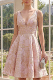V-ringad A-linje rouge midi jacquard blommig klänning