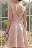 V-ringad A-linje rouge midi jacquard blommig klänning