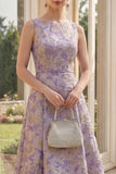 Dammig lila båthals Jacquard Midi blommig klänning