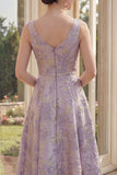Dammig lila båthals Jacquard Midi blommig klänning