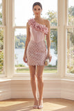Glittrande enaxlad rouge Bodycon miniklänning med 3D-blomma