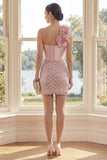 Glittrande enaxlad rouge Bodycon miniklänning med 3D-blomma