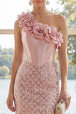 Glittrande enaxlad rouge Bodycon miniklänning med 3D-blomma